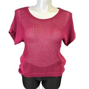 ana Womens Sweater Shirt Top Short Sleeve Loose Knit Crochet Pullover Red Large